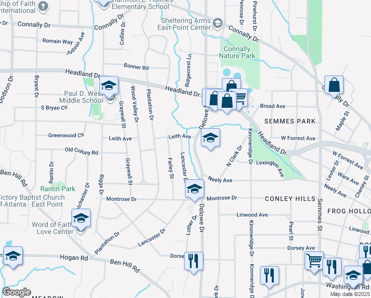 map of restaurants, bars, coffee shops, grocery stores, and more near 2564 Lancaster Drive in East Point