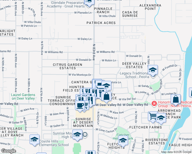 map of restaurants, bars, coffee shops, grocery stores, and more near 22203 West Hillcrest Boulevard in Peoria