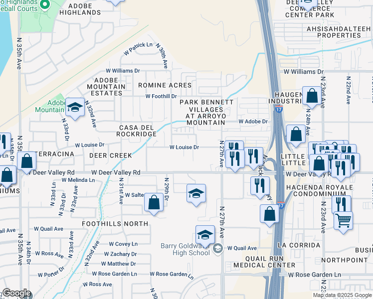 map of restaurants, bars, coffee shops, grocery stores, and more near 2819 West Louise Drive in Phoenix