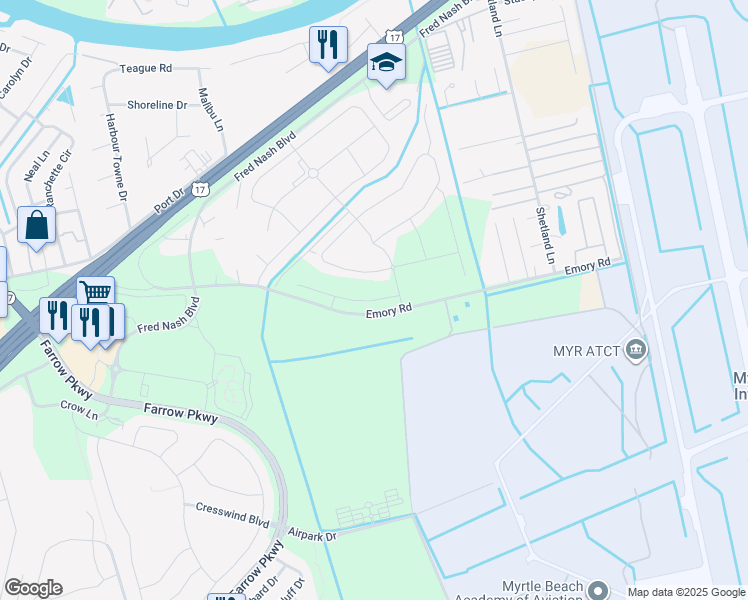 map of restaurants, bars, coffee shops, grocery stores, and more near Emory Road in Myrtle Beach