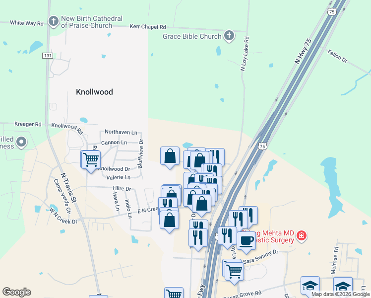 map of restaurants, bars, coffee shops, grocery stores, and more near 610 Graham Drive in Sherman