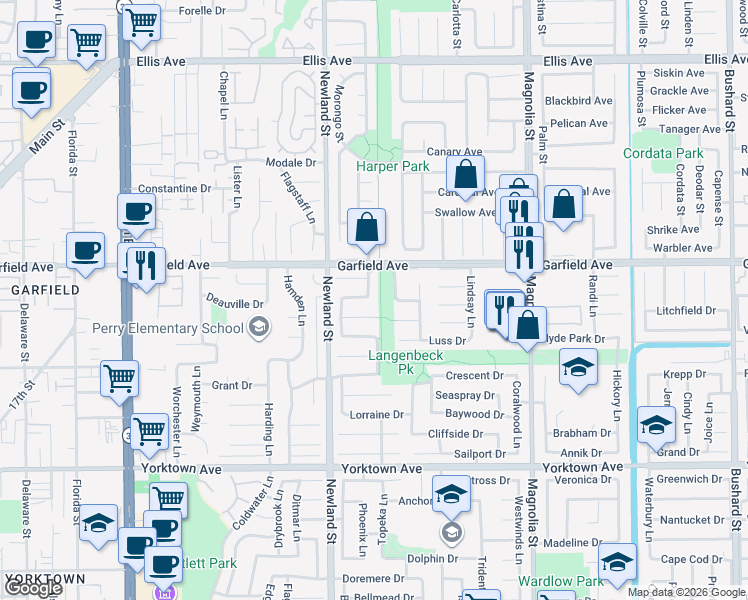 map of restaurants, bars, coffee shops, grocery stores, and more near 19082 Plumtree Lane in Huntington Beach