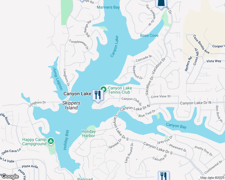 map of restaurants, bars, coffee shops, grocery stores, and more near 22378 Canyon Club Drive in Canyon Lake