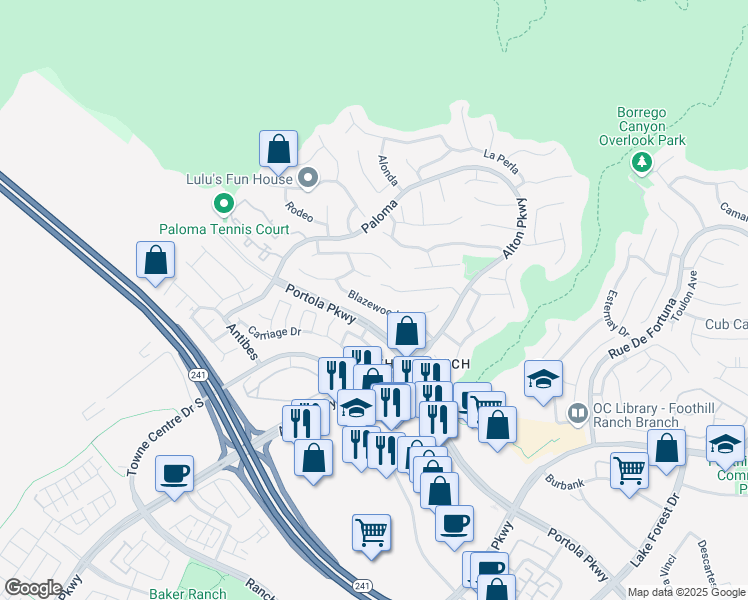 map of restaurants, bars, coffee shops, grocery stores, and more near 35 Blazewood in Lake Forest