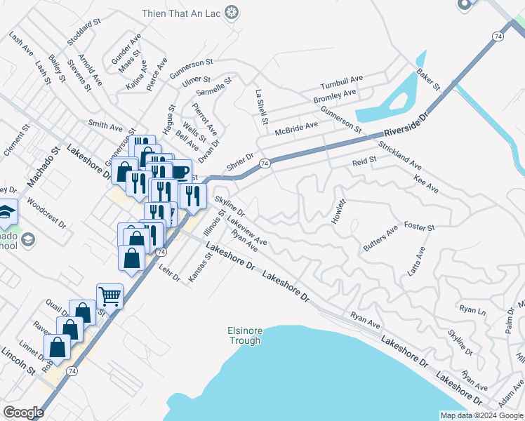 map of restaurants, bars, coffee shops, grocery stores, and more near in Lake Elsinore