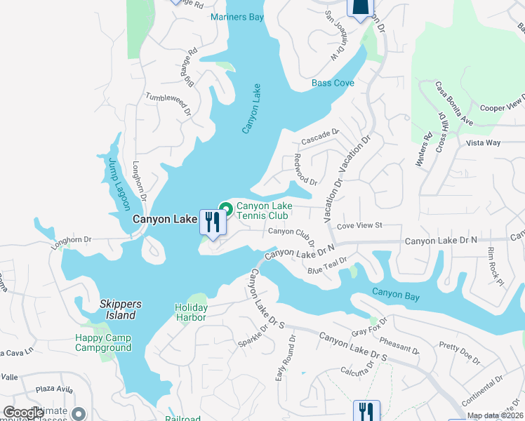 map of restaurants, bars, coffee shops, grocery stores, and more near 22486 Lighthouse Drive in Canyon Lake