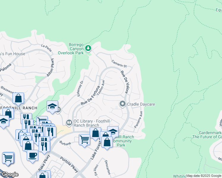 map of restaurants, bars, coffee shops, grocery stores, and more near 17 Calabria Lane in Lake Forest