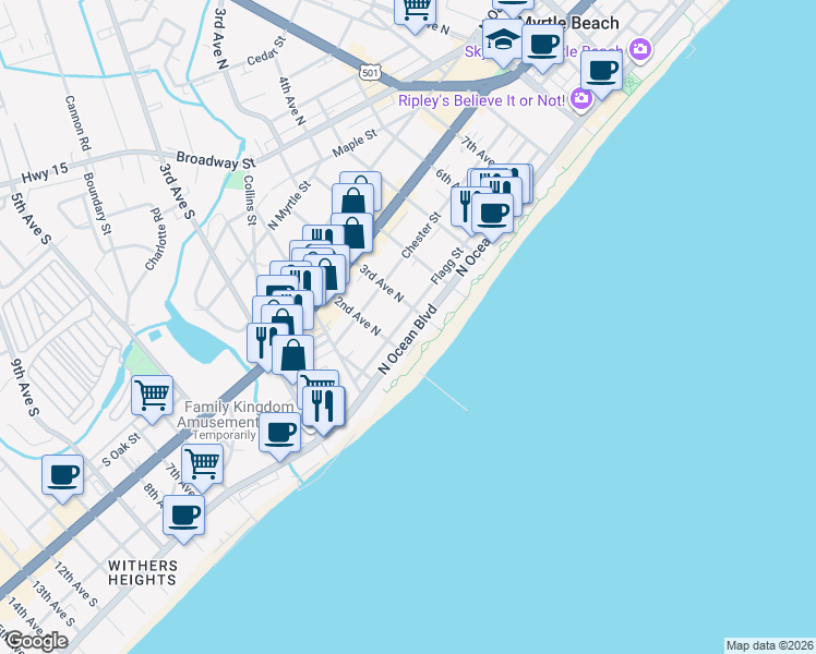 map of restaurants, bars, coffee shops, grocery stores, and more near 207N North Ocean Boulevard in Myrtle Beach
