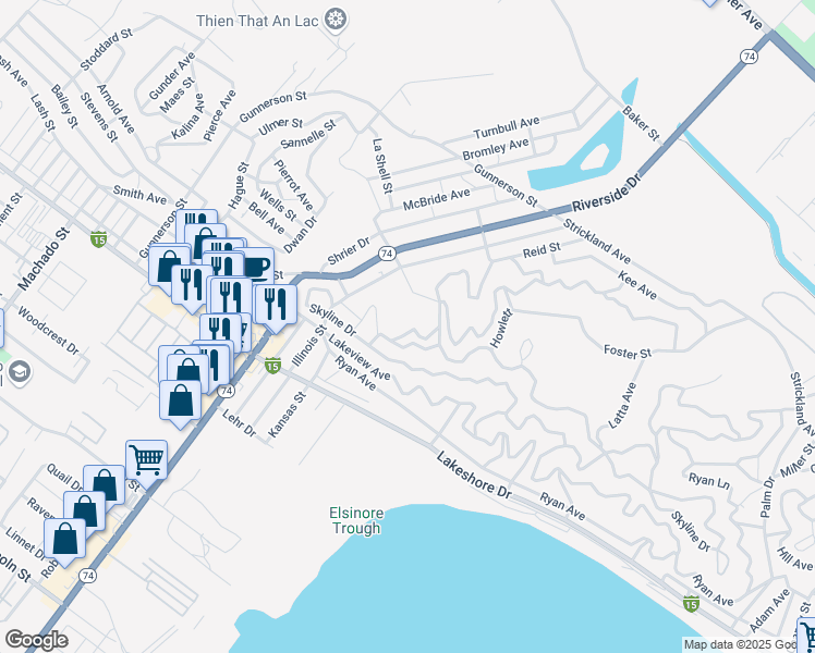 map of restaurants, bars, coffee shops, grocery stores, and more near in Lake Elsinore