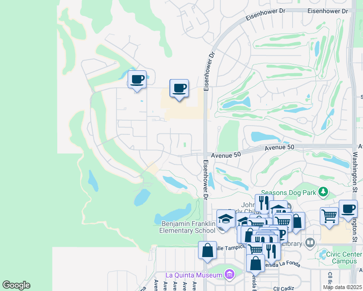 map of restaurants, bars, coffee shops, grocery stores, and more near 49860 Calle Estrella in La Quinta