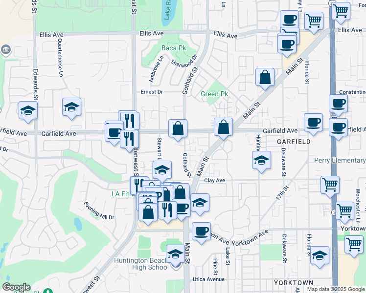 map of restaurants, bars, coffee shops, grocery stores, and more near 19051 Gothard Street in Huntington Beach