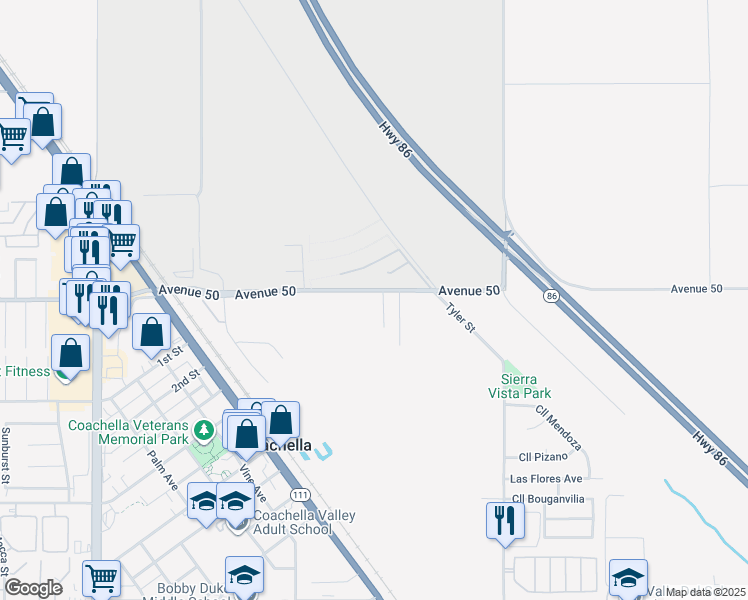 map of restaurants, bars, coffee shops, grocery stores, and more near 85701 Avenue 50 in Coachella