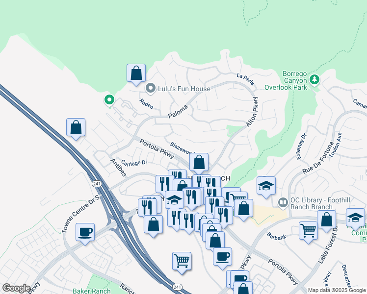 map of restaurants, bars, coffee shops, grocery stores, and more near 35 Blazewood in Lake Forest