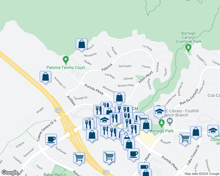 map of restaurants, bars, coffee shops, grocery stores, and more near 35 Blazewood in Lake Forest