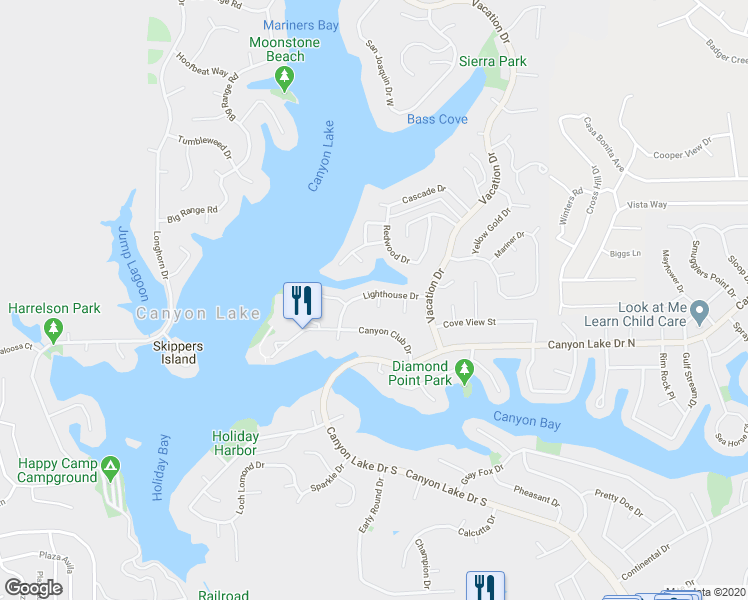 map of restaurants, bars, coffee shops, grocery stores, and more near 22589 Lighthouse Drive in Canyon Lake