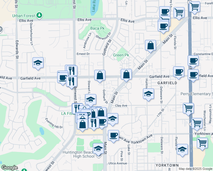 map of restaurants, bars, coffee shops, grocery stores, and more near 19051 Gothard Street in Huntington Beach