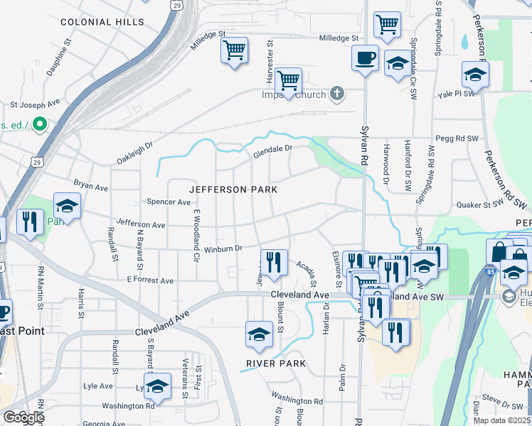 map of restaurants, bars, coffee shops, grocery stores, and more near 1087 Jefferson Avenue in East Point