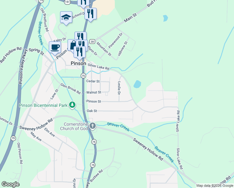 map of restaurants, bars, coffee shops, grocery stores, and more near 6221 Leslie Drive in Pinson