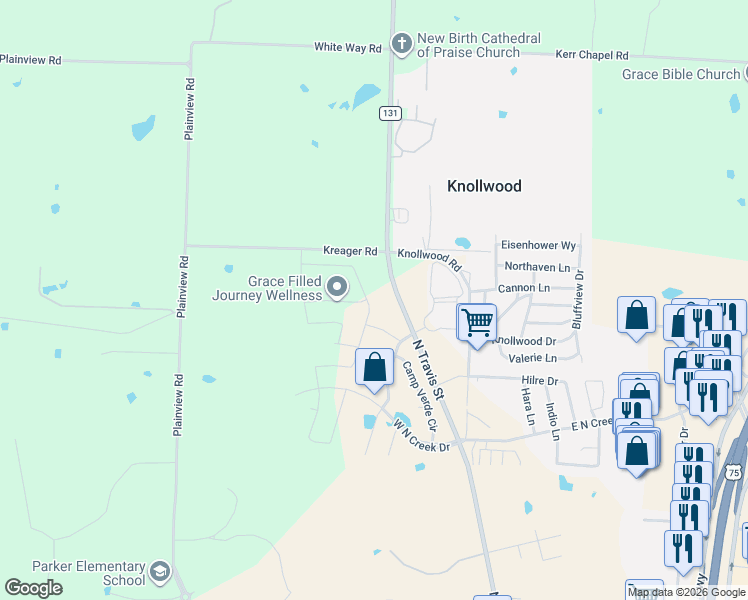 map of restaurants, bars, coffee shops, grocery stores, and more near 5119 Ambergate Lane in Sherman