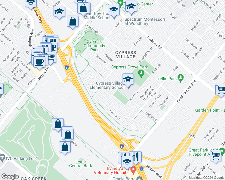 map of restaurants, bars, coffee shops, grocery stores, and more near 117 Strawberry Grove in Irvine
