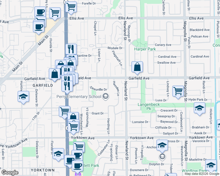 map of restaurants, bars, coffee shops, grocery stores, and more near 19082 Summerfield Lane in Huntington Beach