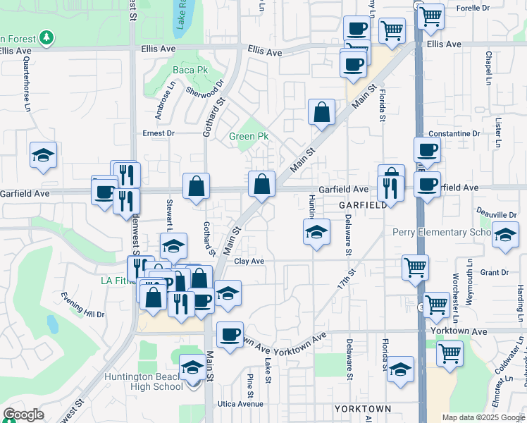 map of restaurants, bars, coffee shops, grocery stores, and more near in Huntington Beach