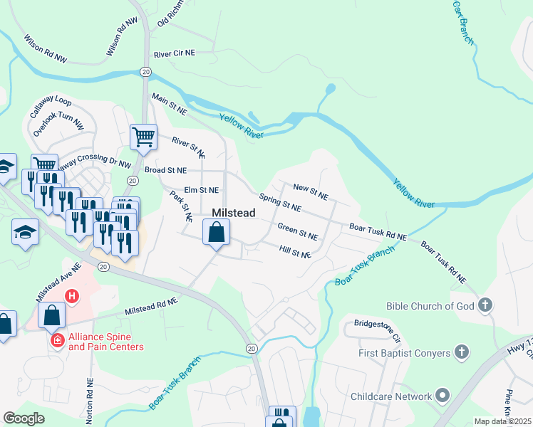 map of restaurants, bars, coffee shops, grocery stores, and more near 1710 Green Street Northeast in Conyers