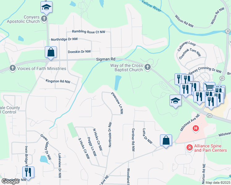 map of restaurants, bars, coffee shops, grocery stores, and more near 1547 Pineview Lane Northwest in Conyers