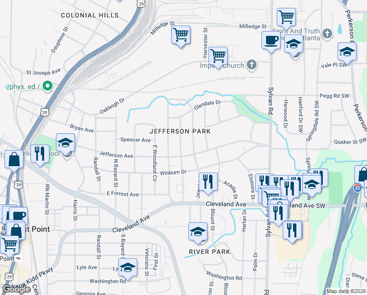 map of restaurants, bars, coffee shops, grocery stores, and more near 2546 Batavia Street in East Point