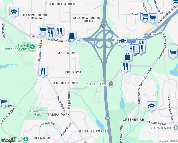 map of restaurants, bars, coffee shops, grocery stores, and more near 3417 Greenbriar Parkway Southwest in Atlanta