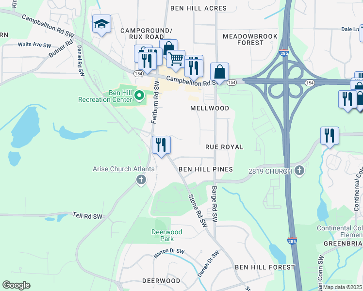 map of restaurants, bars, coffee shops, grocery stores, and more near 3690 Asbury Lane Southwest in Atlanta
