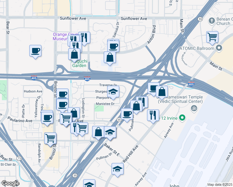 map of restaurants, bars, coffee shops, grocery stores, and more near 511 Sturgeon Drive in Costa Mesa