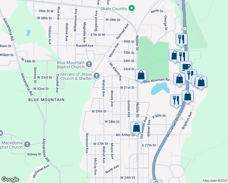 map of restaurants, bars, coffee shops, grocery stores, and more near 3029 Moore Avenue in Anniston