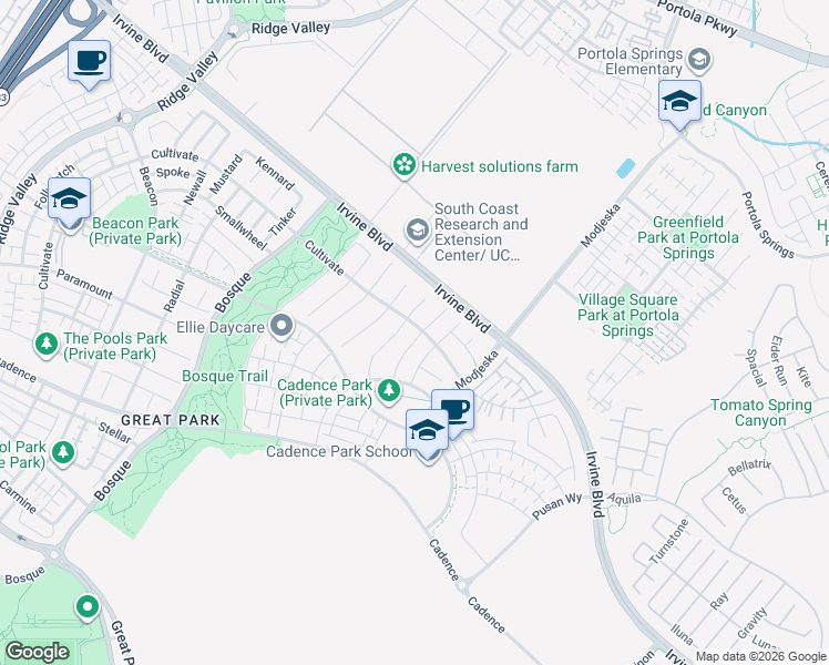 map of restaurants, bars, coffee shops, grocery stores, and more near 116 Drama in Irvine