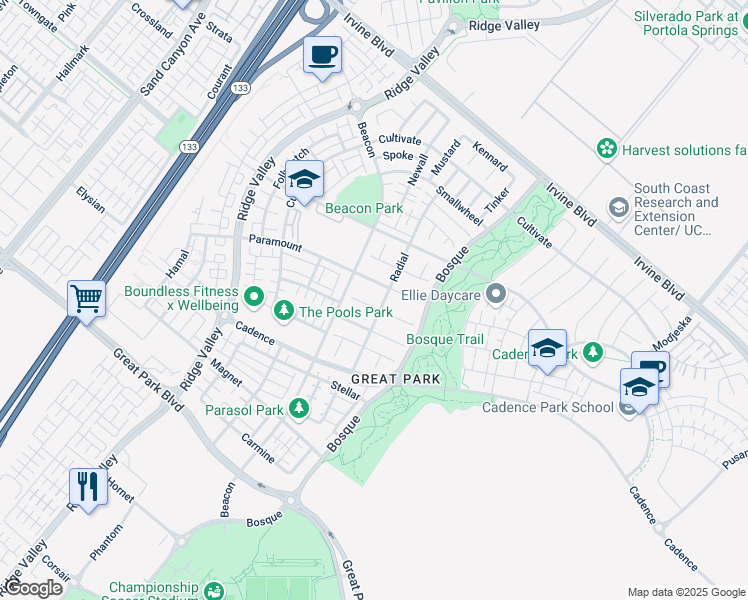 map of restaurants, bars, coffee shops, grocery stores, and more near 124 Cruiser in Irvine