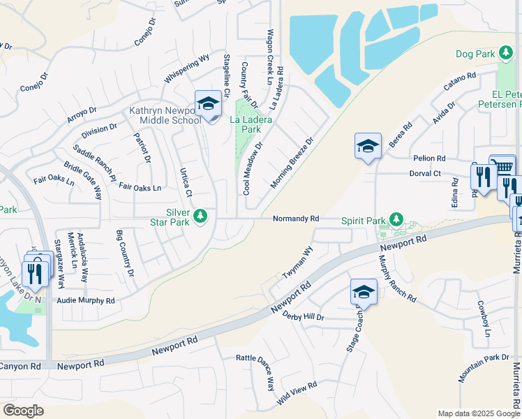map of restaurants, bars, coffee shops, grocery stores, and more near 29950 Morning Breeze Drive in Menifee