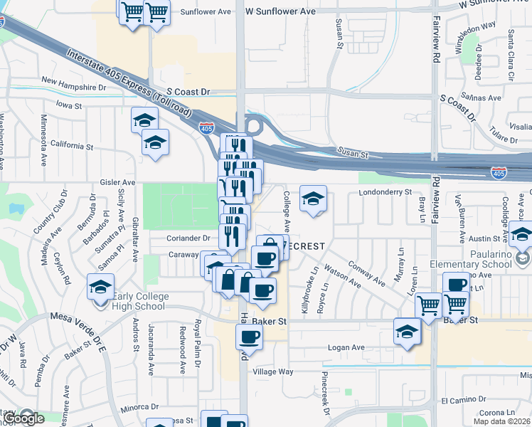 map of restaurants, bars, coffee shops, grocery stores, and more near 1445 Deauville Place in Costa Mesa