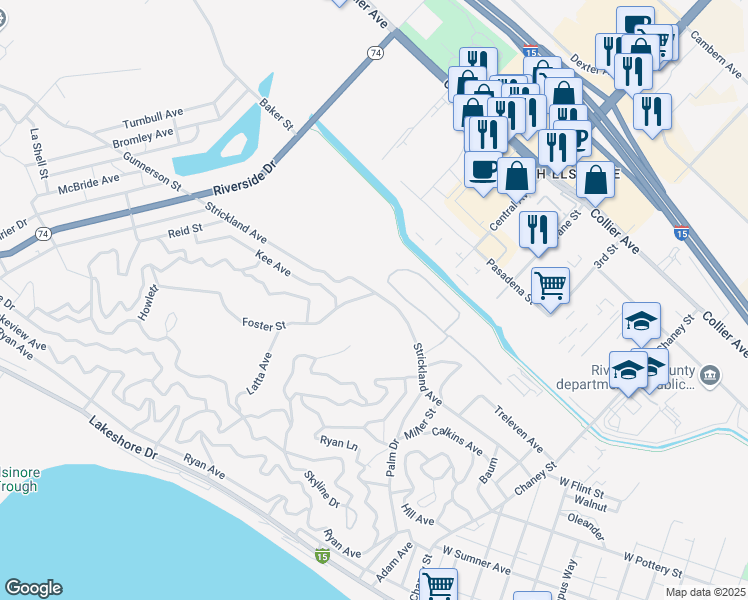 map of restaurants, bars, coffee shops, grocery stores, and more near Stecher Avenue in Lake Elsinore