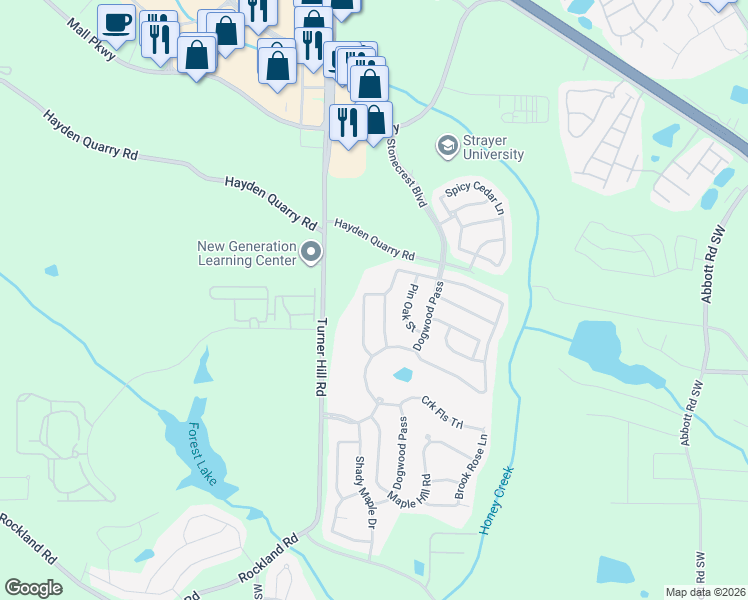 map of restaurants, bars, coffee shops, grocery stores, and more near 7789 White Oak Loop in Stonecrest