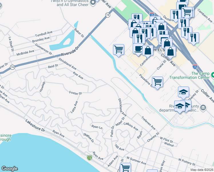 map of restaurants, bars, coffee shops, grocery stores, and more near 18031 Strickland Avenue in Lake Elsinore