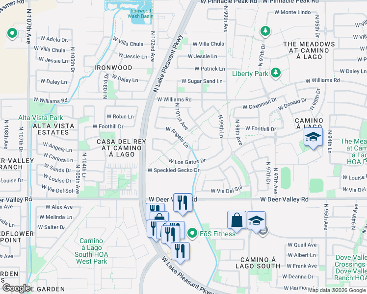 map of restaurants, bars, coffee shops, grocery stores, and more near 22185 North 101st Drive in Peoria