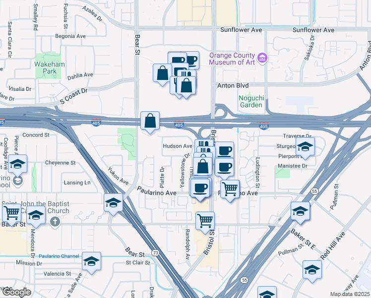 map of restaurants, bars, coffee shops, grocery stores, and more near 751 Hudson Avenue in Costa Mesa