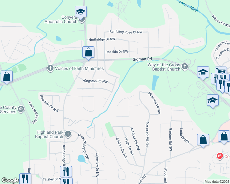 map of restaurants, bars, coffee shops, grocery stores, and more near 1558 Tanglewood Way Northwest in Conyers