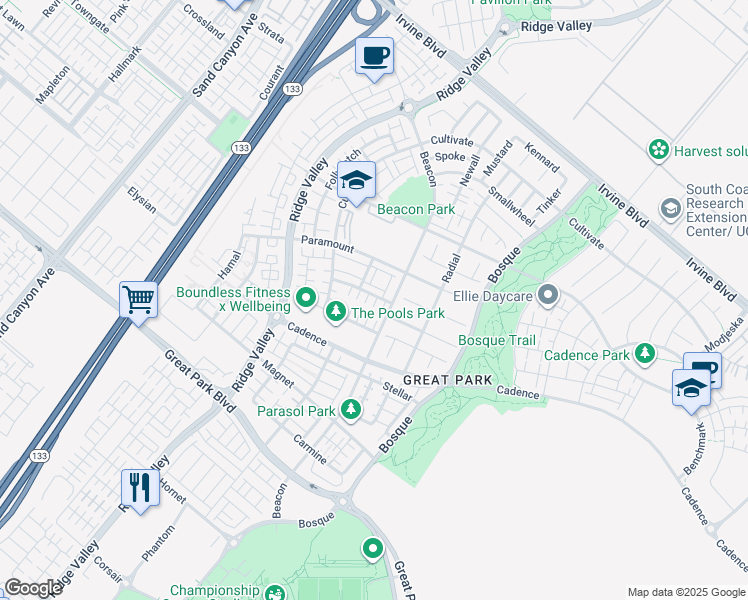 map of restaurants, bars, coffee shops, grocery stores, and more near 116 Mongoose in Irvine