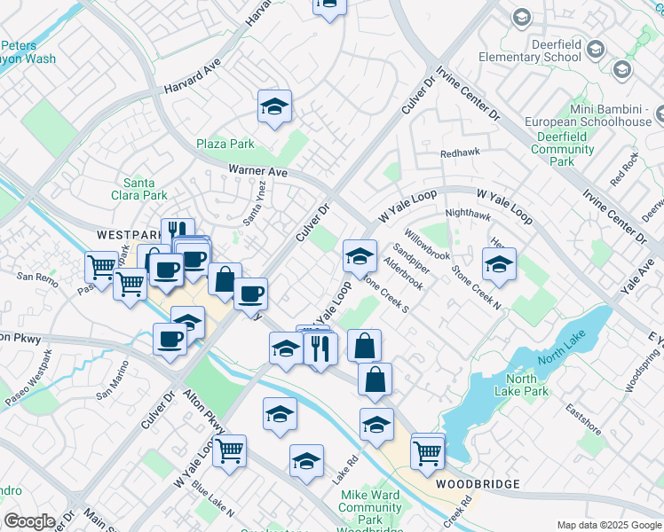 map of restaurants, bars, coffee shops, grocery stores, and more near 24 Woodpine Drive in Irvine