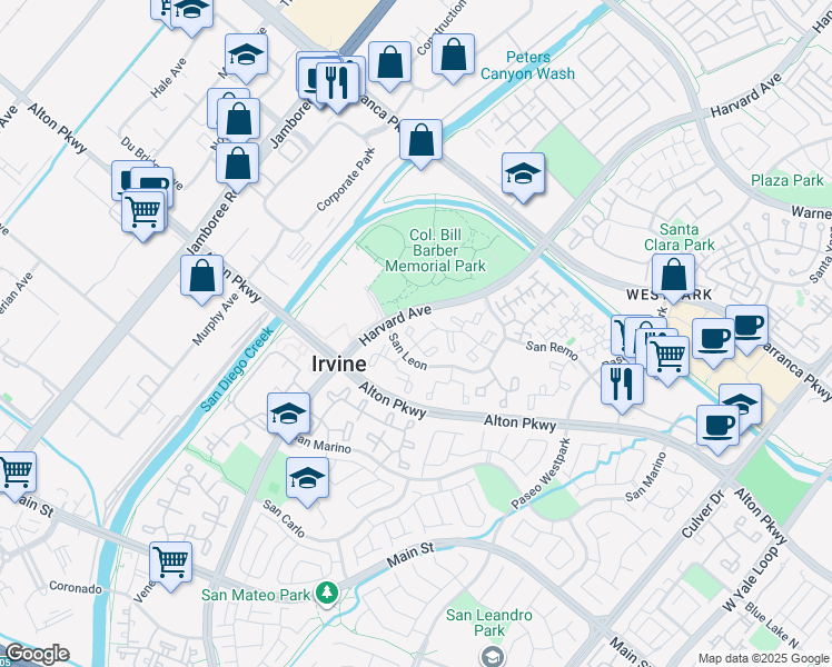 map of restaurants, bars, coffee shops, grocery stores, and more near 181 Duranzo Aisle in Irvine