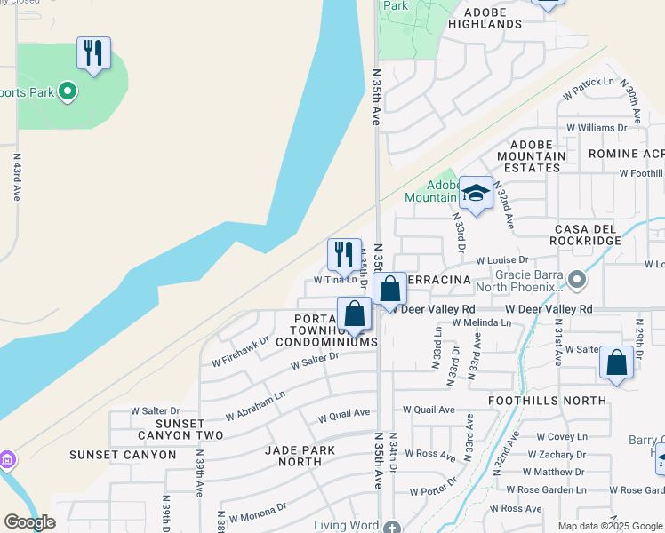 map of restaurants, bars, coffee shops, grocery stores, and more near 3563 West Sands Drive in Glendale