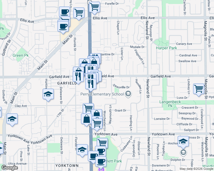 map of restaurants, bars, coffee shops, grocery stores, and more near 19126 Queensport Lane in Huntington Beach