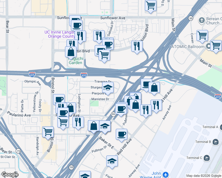 map of restaurants, bars, coffee shops, grocery stores, and more near 511 Sturgeon Drive in Costa Mesa