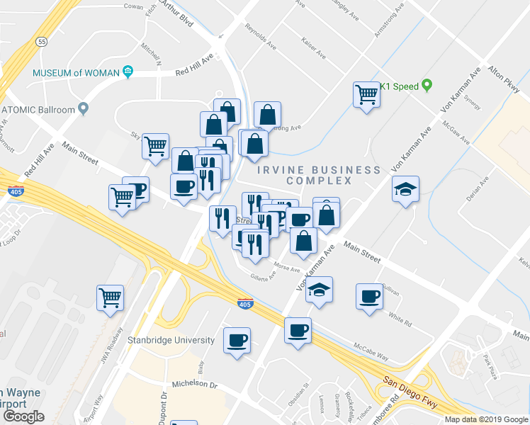map of restaurants, bars, coffee shops, grocery stores, and more near 2031 Main Street in Irvine